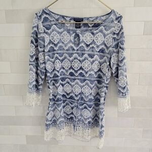 Doncaster Tunic Tie-Waist Batik Geometric Print Lace Trim 3/4 Sleeve Top Blouse
